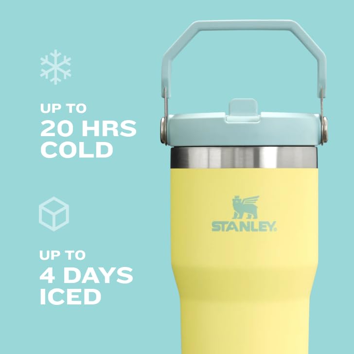 STANLEY IceFlow in car cupholder showing slim base fits most vehicles, travel convenience
