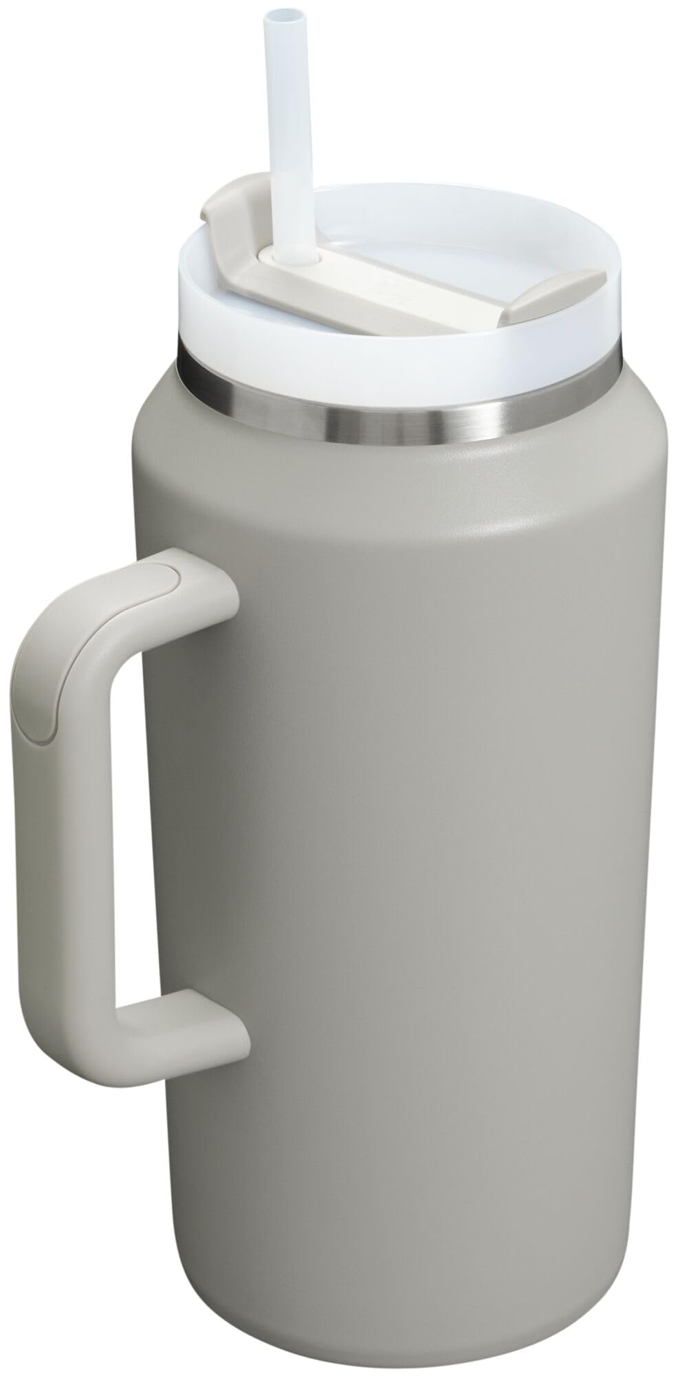 STANLEY Quencher ash close-up label showing recycled stainless and sustainability benefit