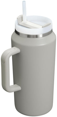STANLEY Quencher ash close-up label showing recycled stainless and sustainability benefit
