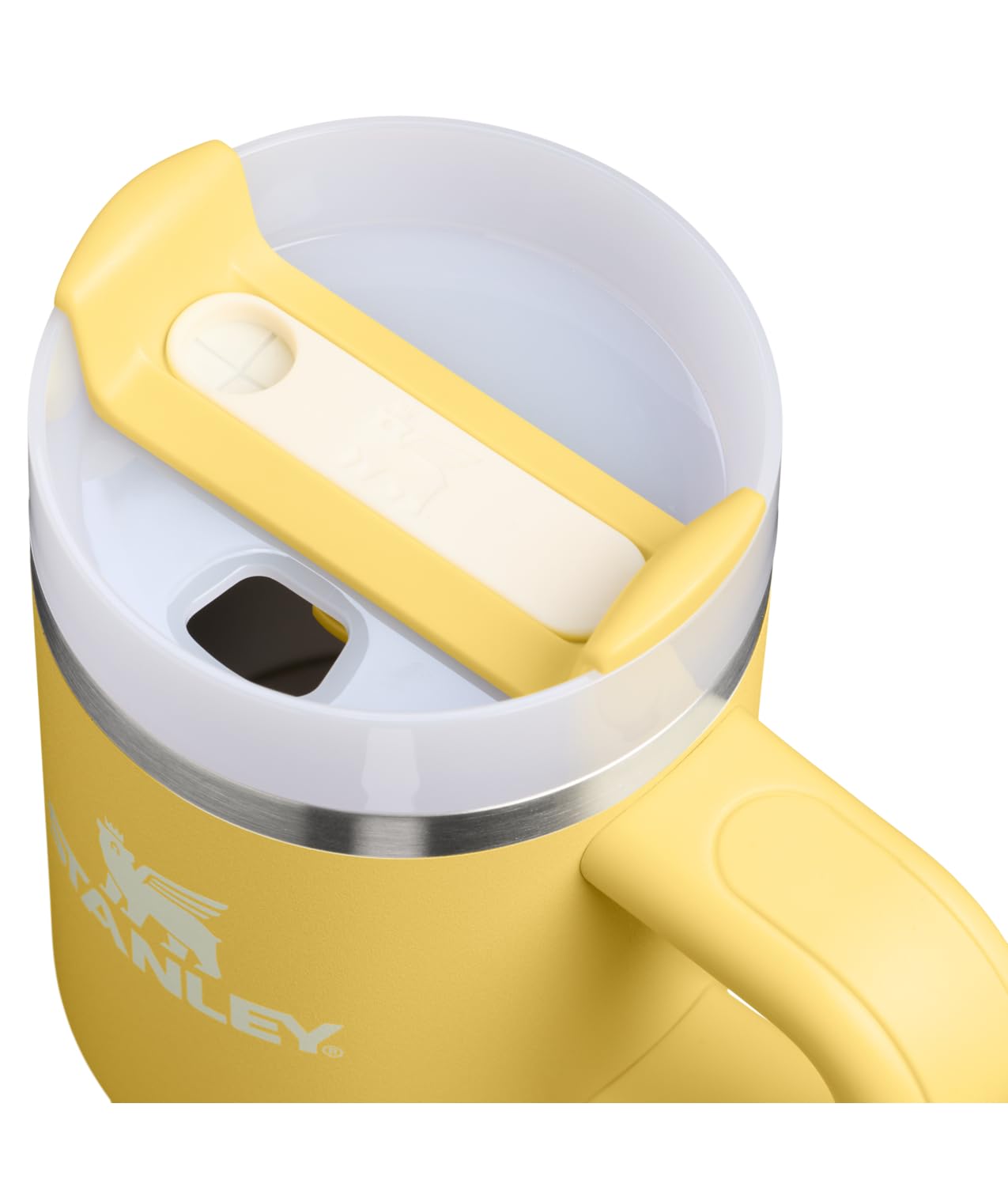 STANLEY FlowState lid close-up showing rotating cover and spill-resistant benefit