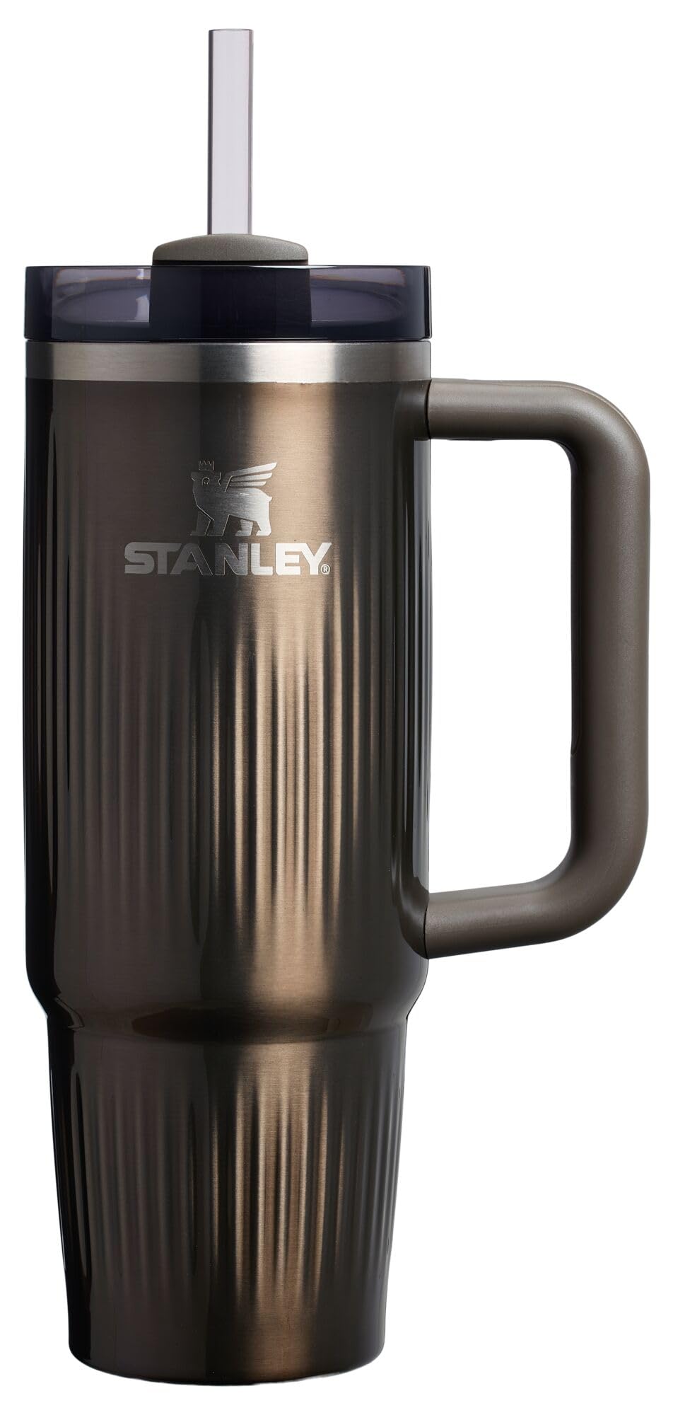 STANLEY Quencher H2.0 front view showing fluted gunmetal finish and capacity benefit