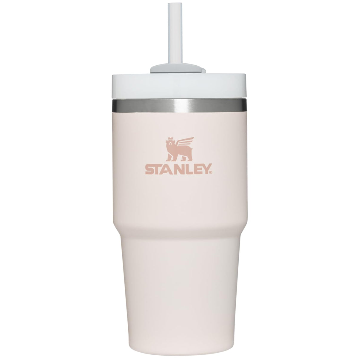 STANLEY Quencher front view showing rose quartz finish and easy-grip benefits