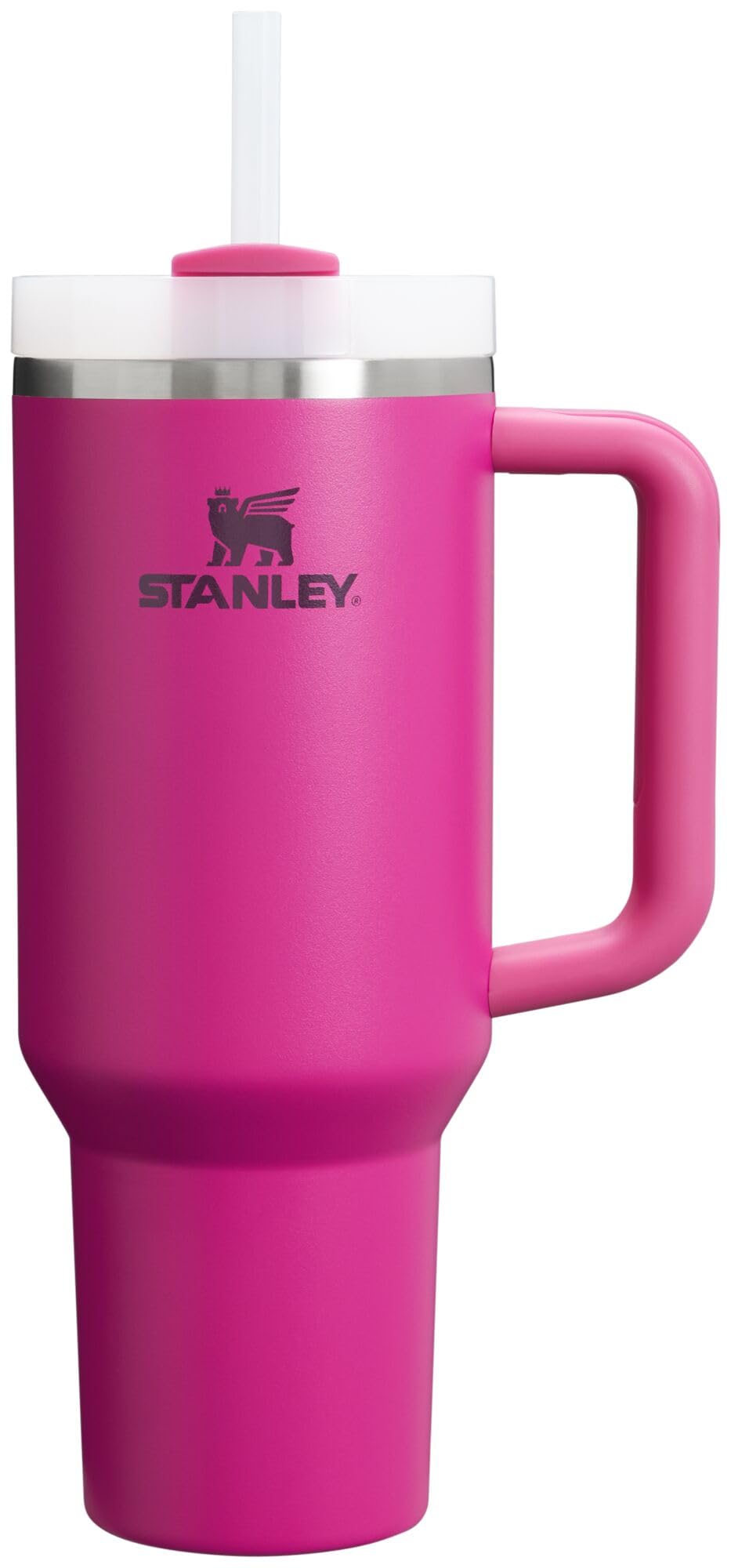 STANLEY Quencher front view showing fuchsia finish and logo, durable travel benefit