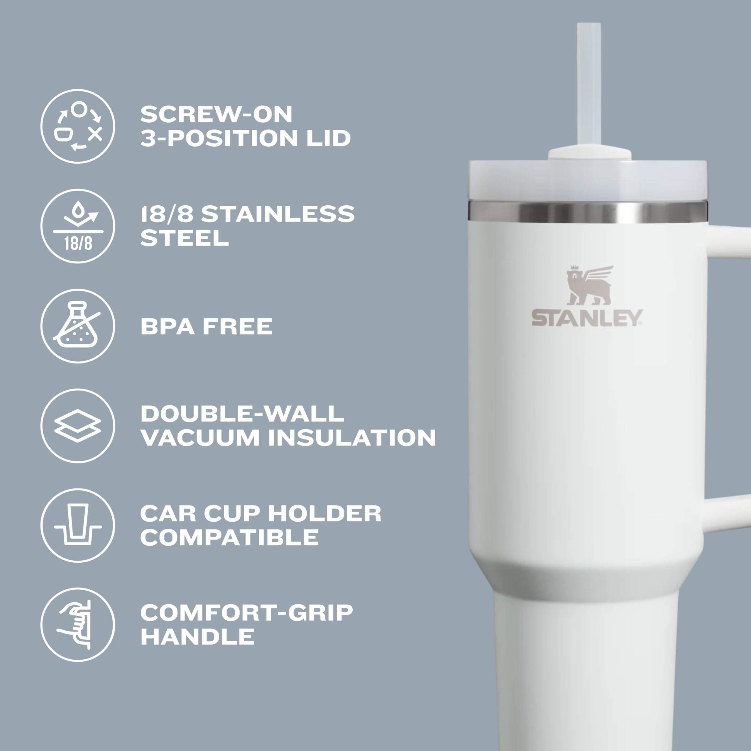 STANLEY tumbler in a car cup holder demonstrating travel-friendly narrow base fit