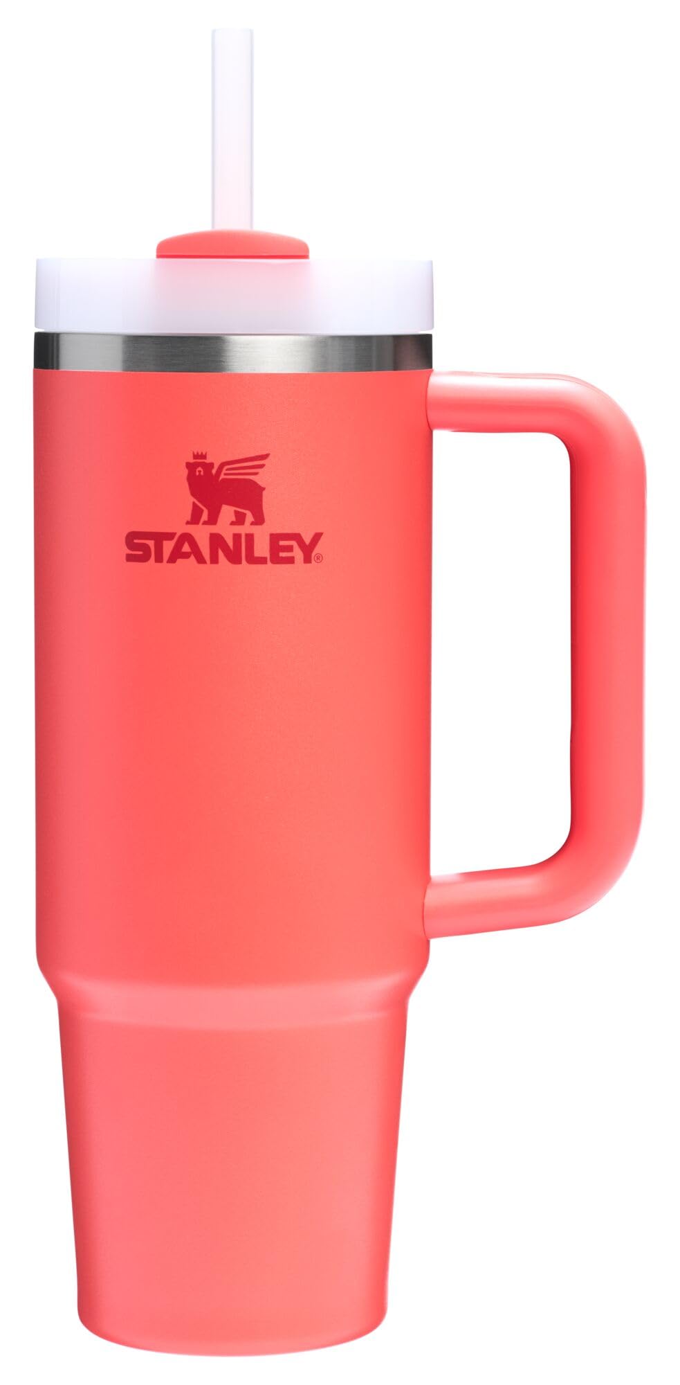 STANLEY front view of 30 oz Quencher H2.0 showing hot coral finish and handle benefit: easy visibility