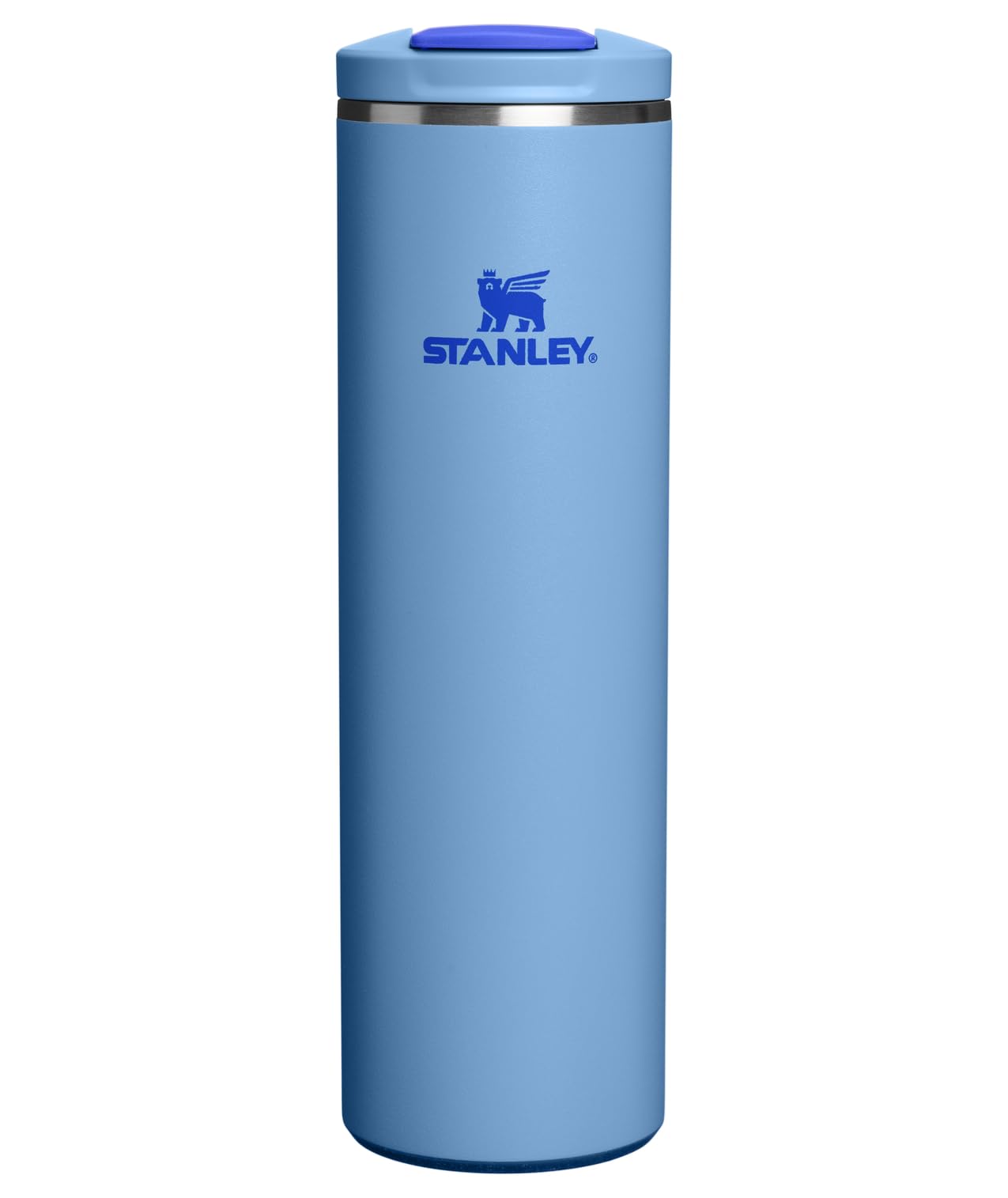 STANLEY Transit FlipTop Mug front view showing Blue Sky finish and durable build benefit