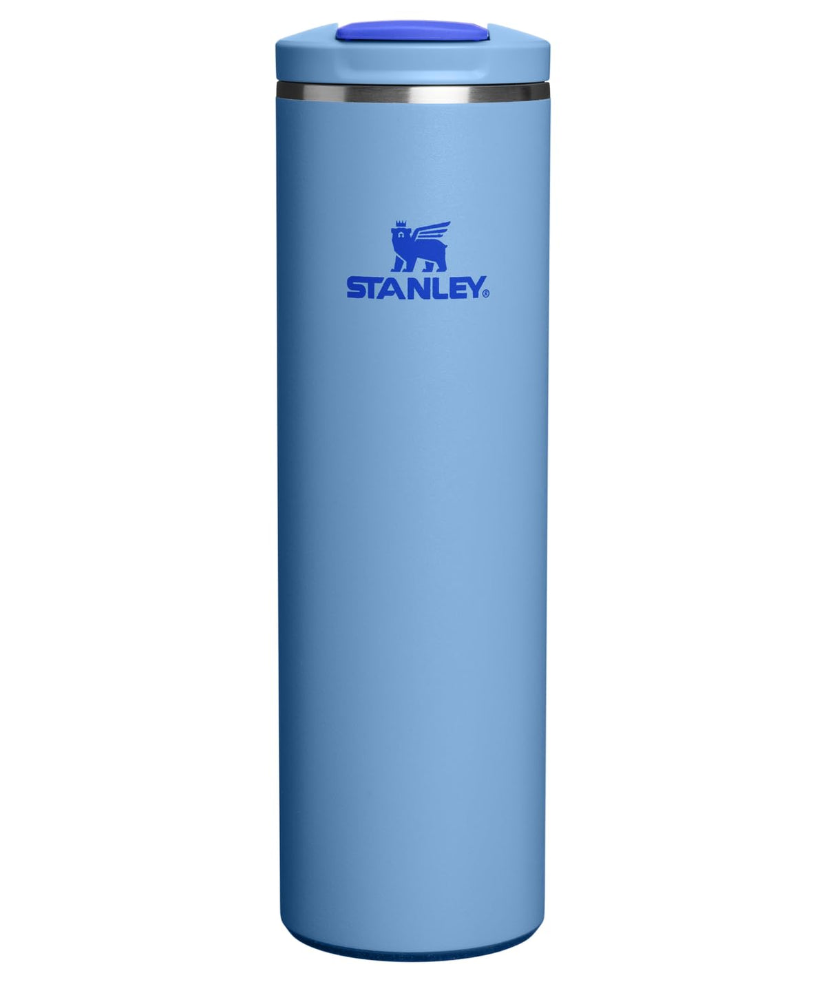 STANLEY Transit FlipTop Mug front view showing Blue Sky finish and durable build benefit