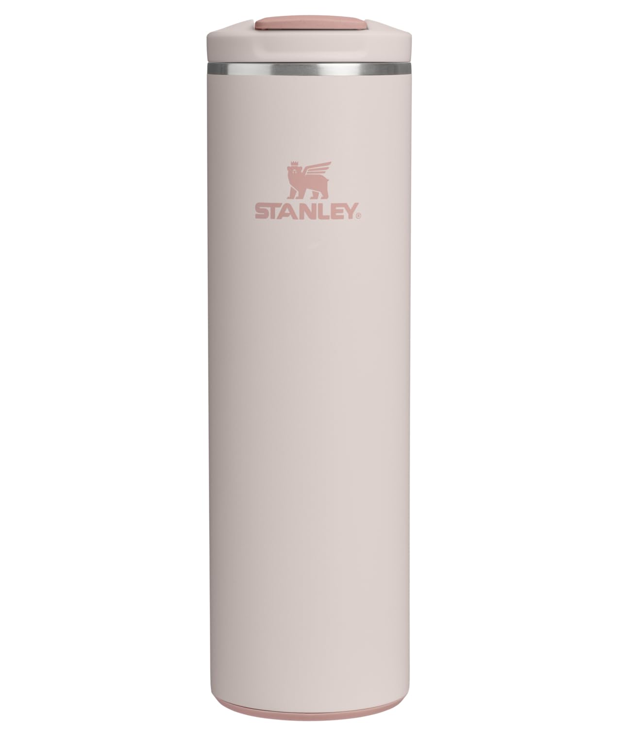 STANLEY Transit FlipTop Mug front view showing rose quartz finish and slim profile for easy carrying