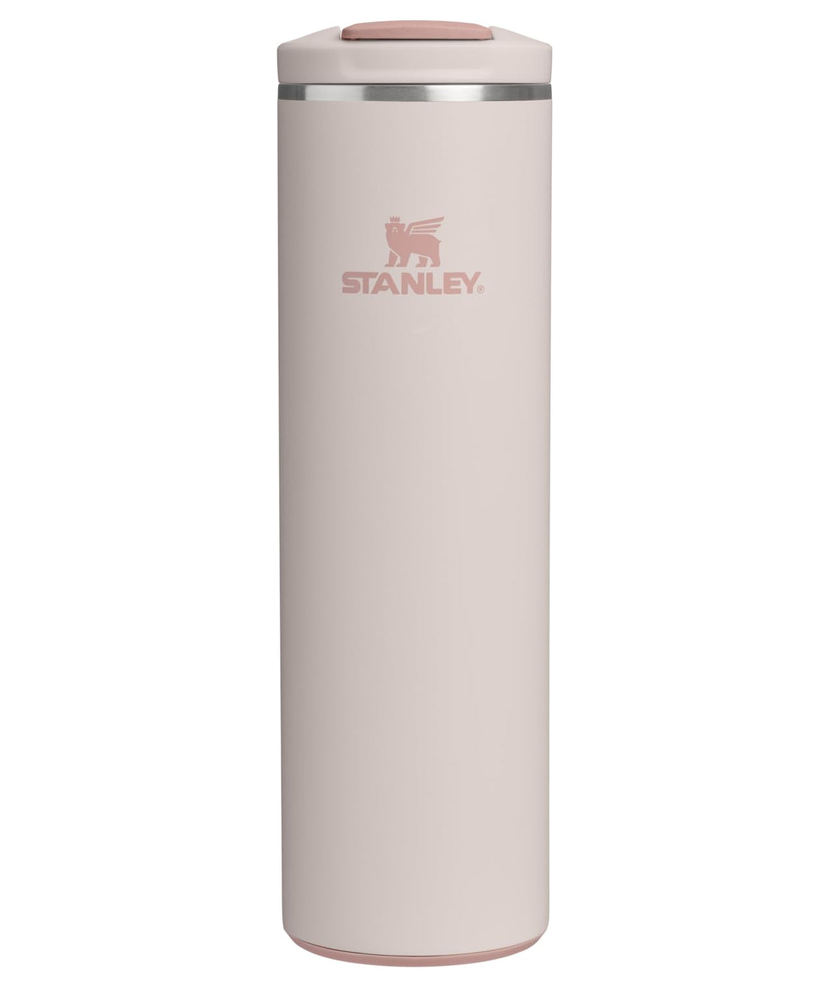 STANLEY Transit FlipTop Mug front view showing rose quartz finish and slim profile for easy carrying