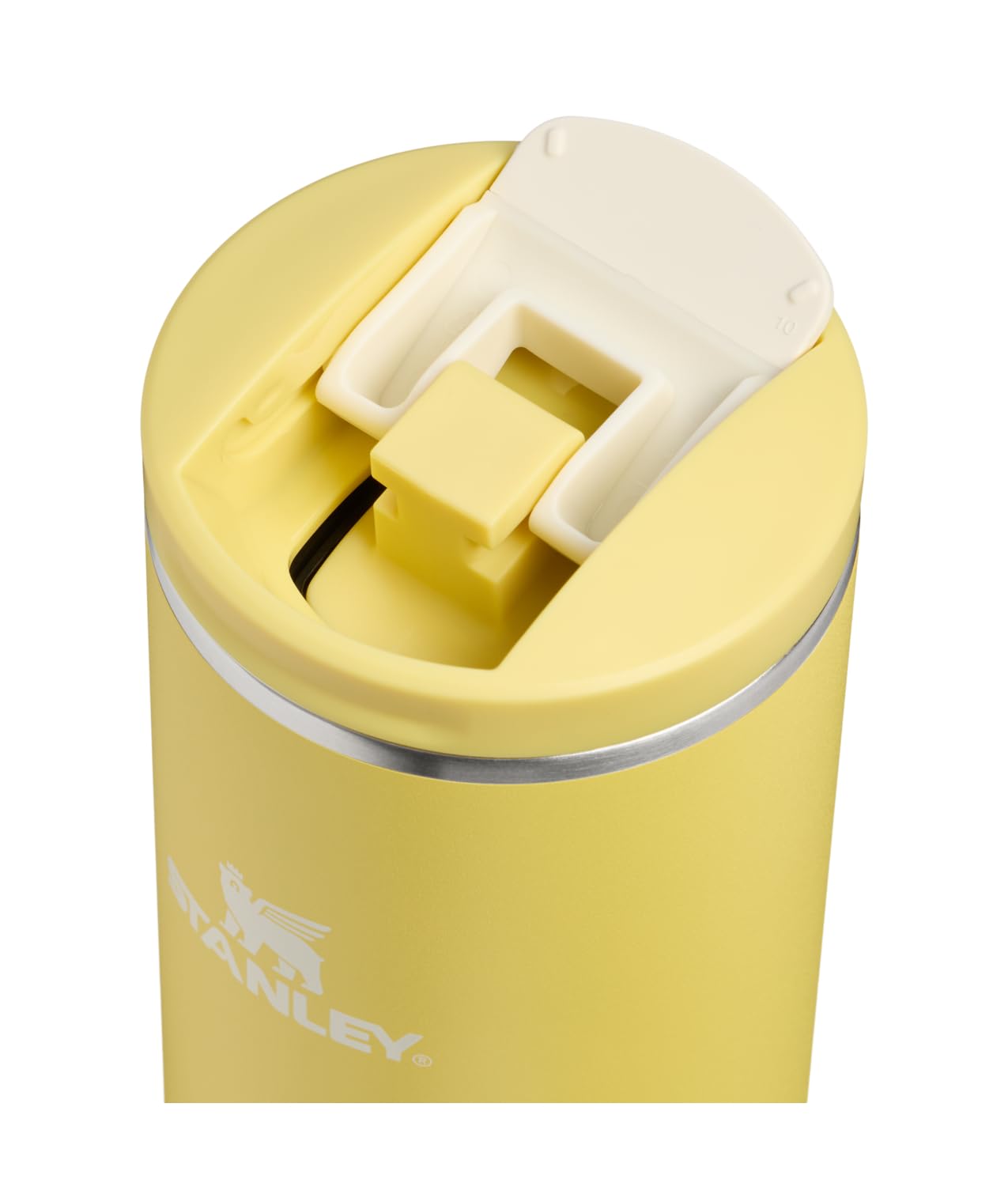 STANLEY flip-top lid detail highlighting leakproof lock and easy one-handed sip benefit