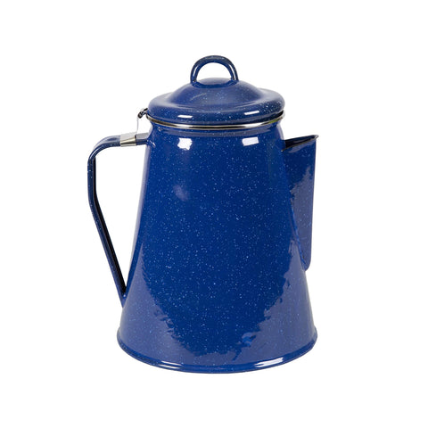 Stansport enamel percolator front view showing blue finish and stainless rim, durable and classic