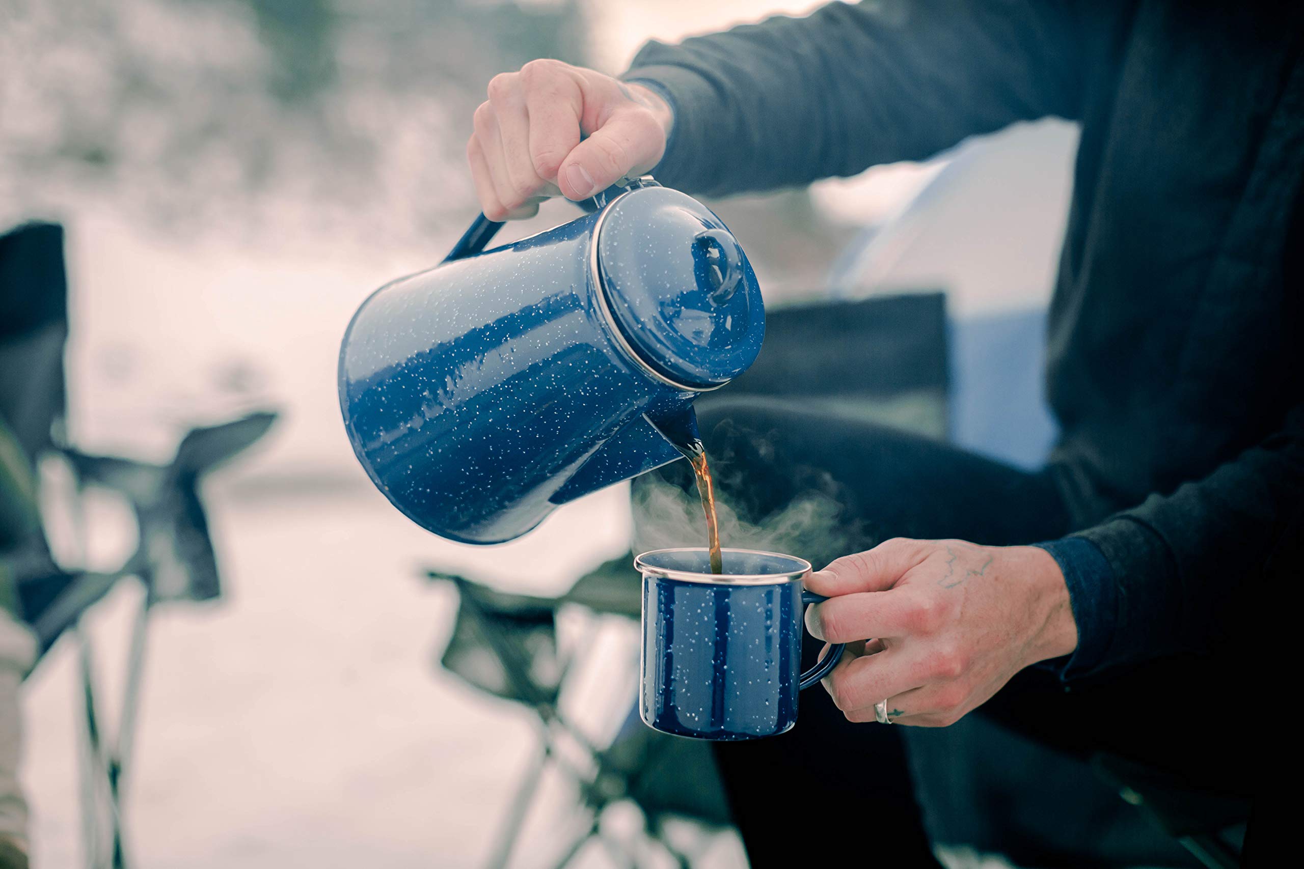 Stansport side handle and pour spout showing hinge lid and comfortable grip for safe pouring