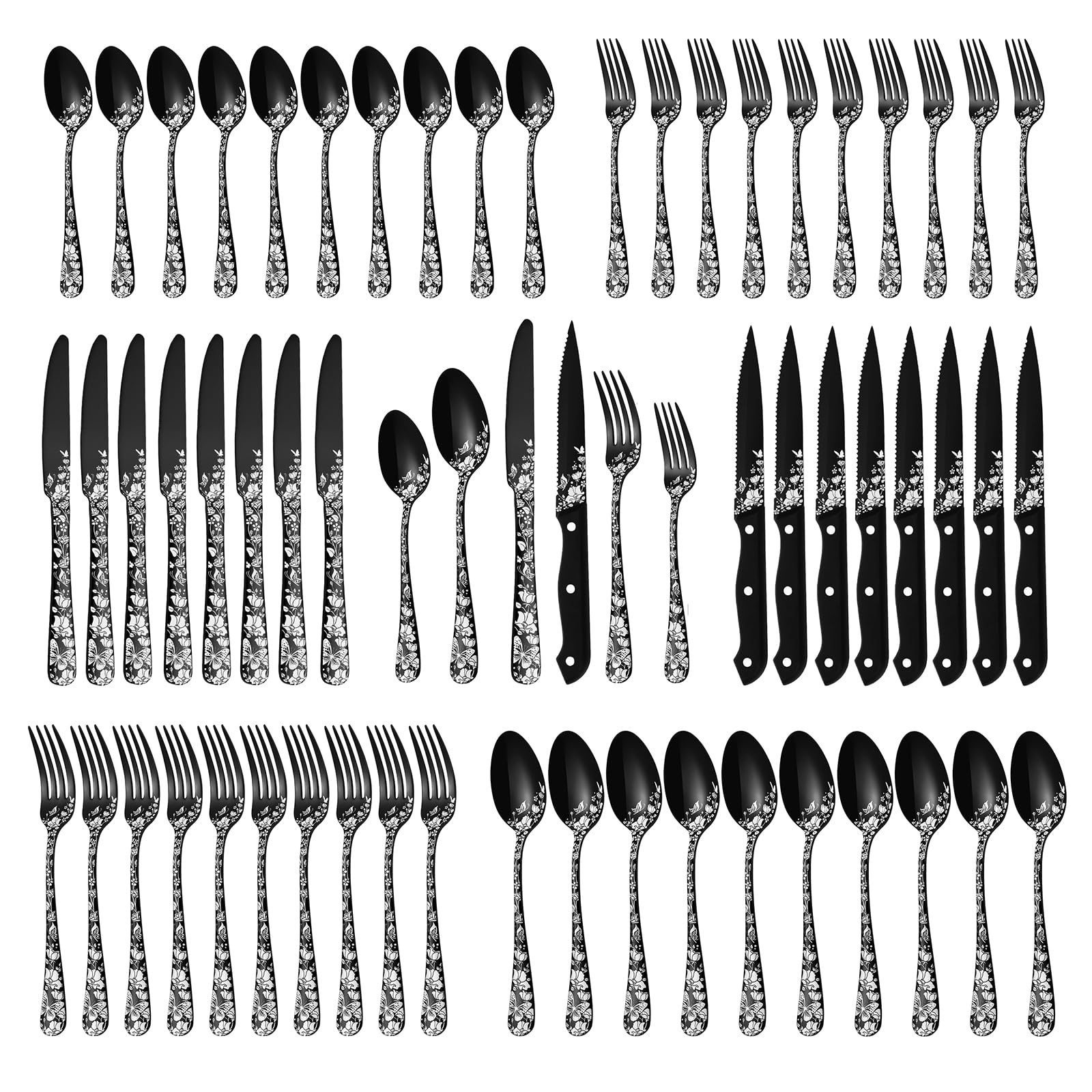 Stapava full 48-piece black flatware set neatly arranged, elevates table aesthetics