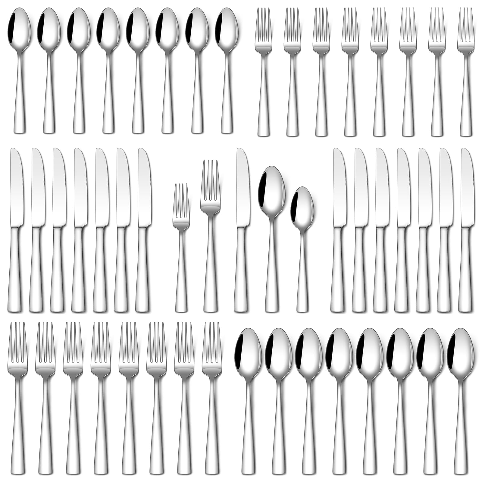 Stapava front view of 40-piece flatware set showing complete place settings and packaging benefit