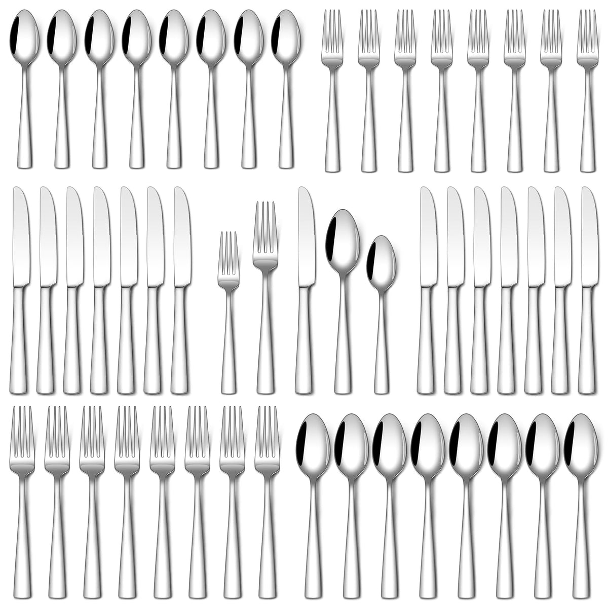 Stapava front view of 40-piece flatware set showing complete place settings and packaging benefit