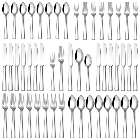 Stapava front view of 40-piece flatware set showing complete place settings and packaging benefit