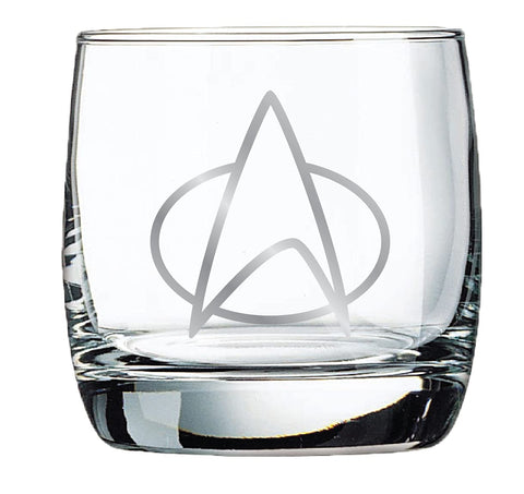 Star Trek glass logo reverse detail showing TNG title engraving for collector appeal