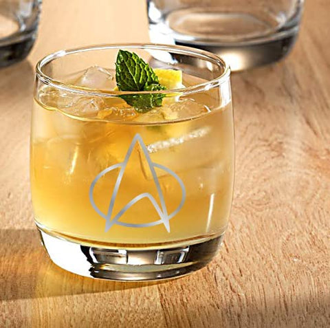 Star Trek glasses in use with whiskey pour demonstrating 10 oz capacity and style