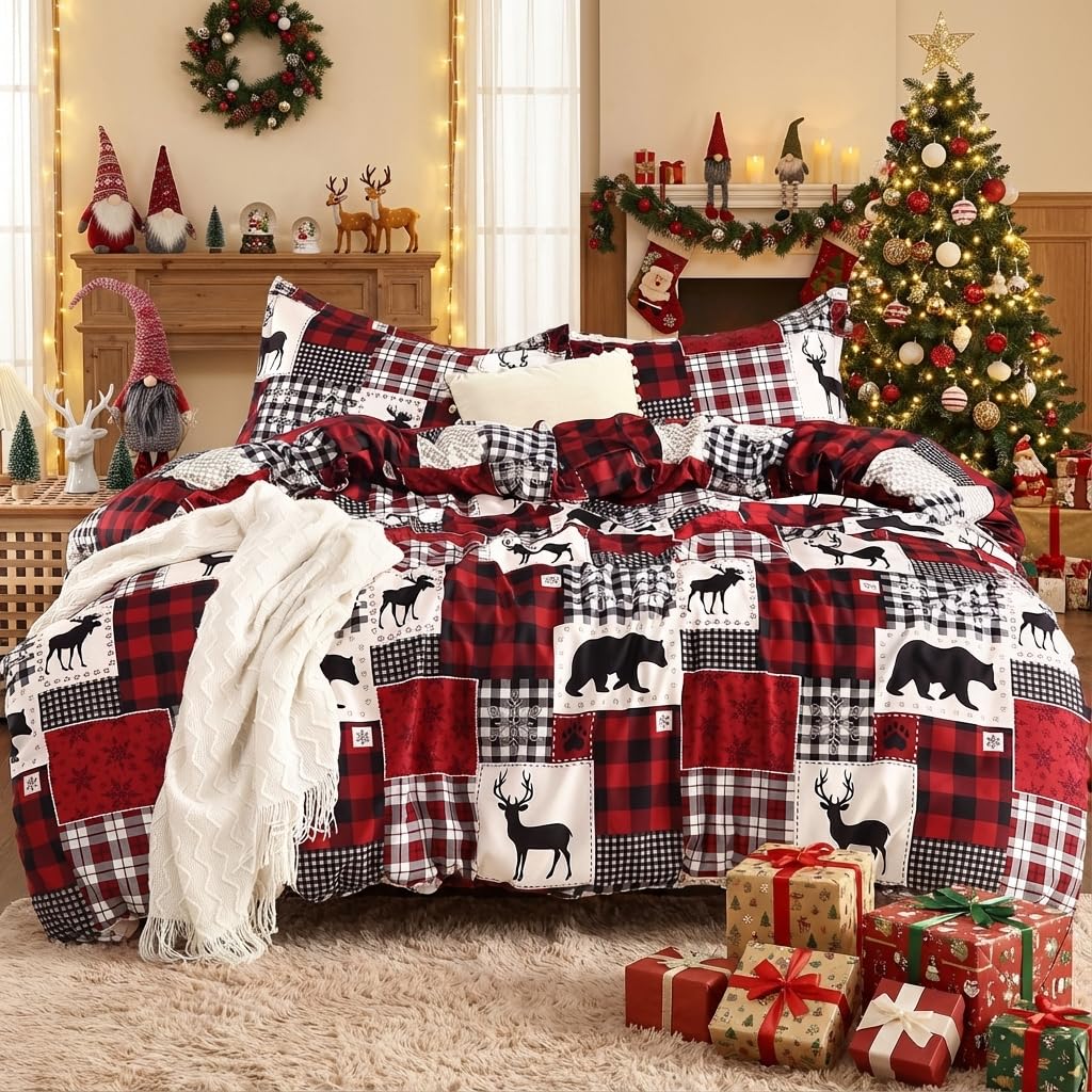 STARBEDIA front view of queen duvet cover showing festive reindeer design and benefit of holiday cheer