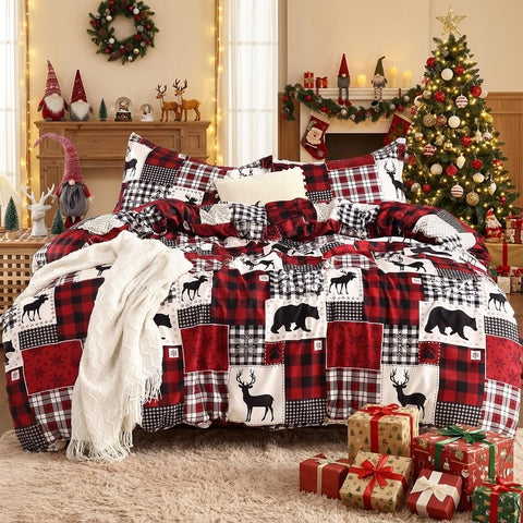 STARBEDIA front view of queen duvet cover showing festive reindeer design and benefit of holiday cheer