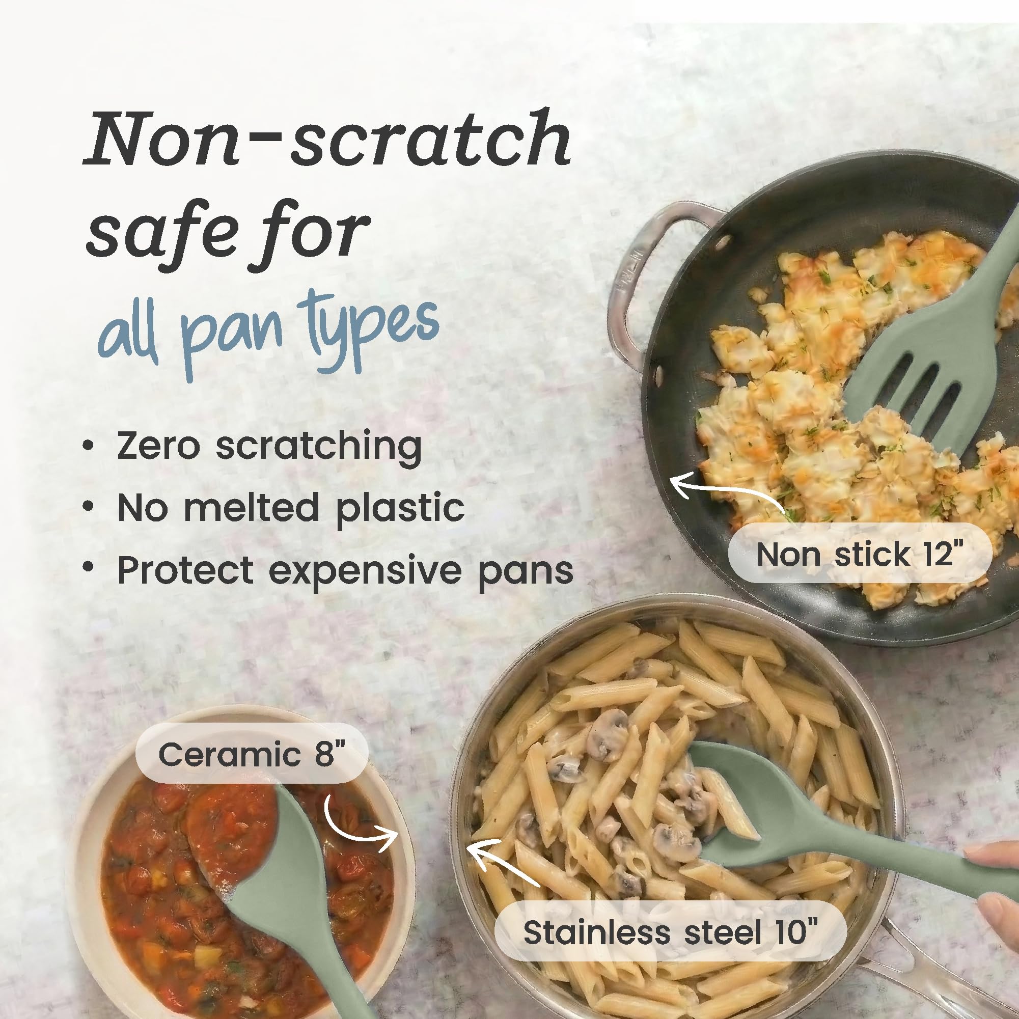 StarPack Home stirring in skillet showing safe use on nonstick cookware