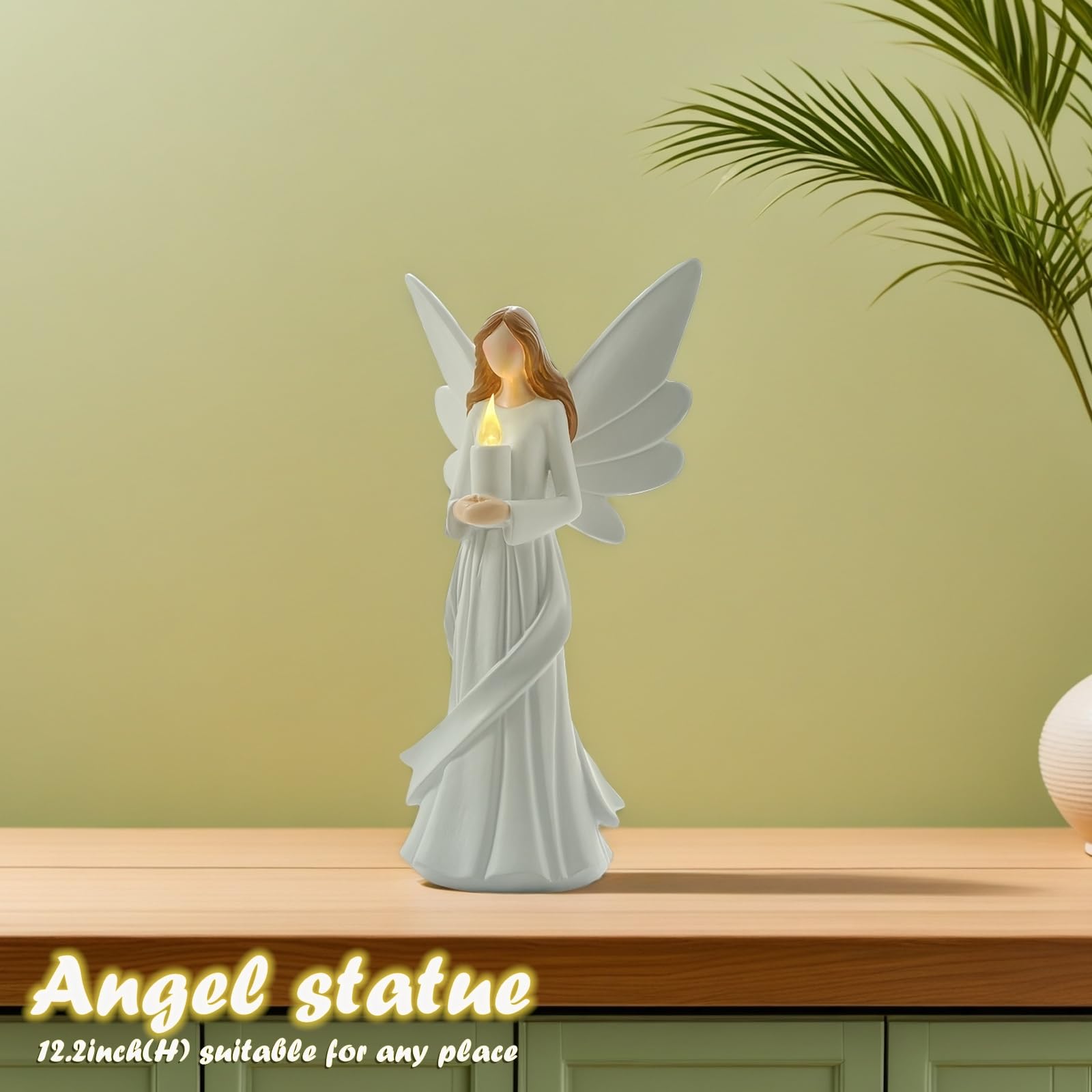 Starryfill angel on mantel in living room creating elegant, comforting decor vibe