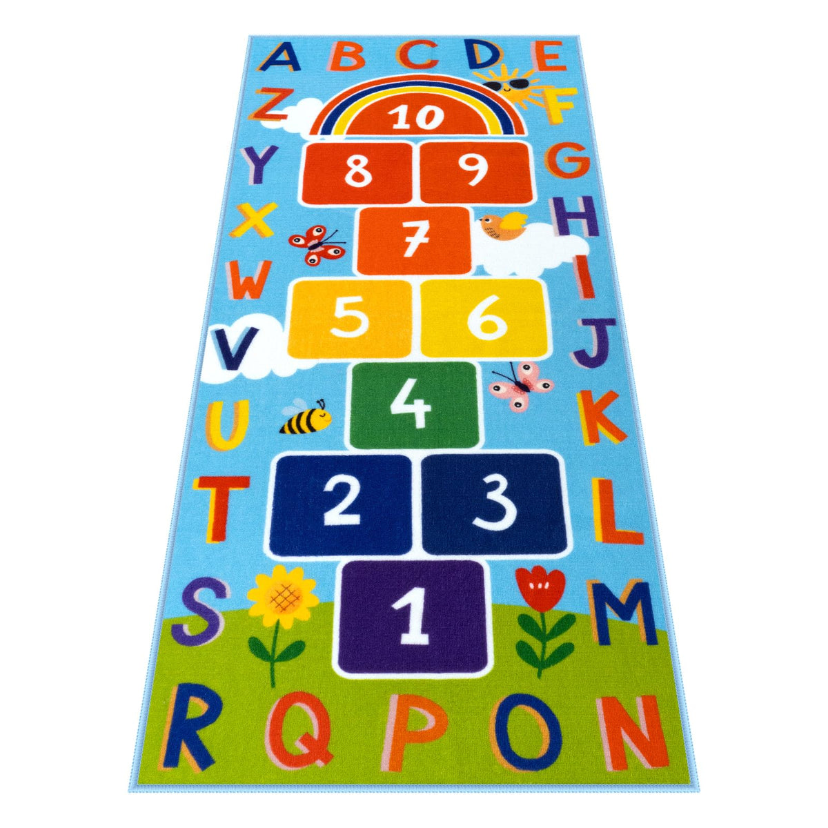 STARUIA front view of blue hopscotch rug showing full play design and safety