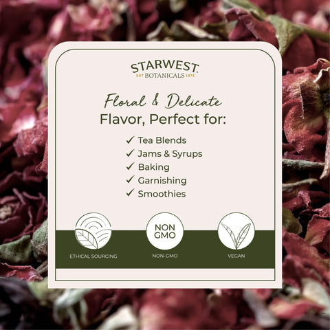 Starwest Botanicals loose red rose petals in bowl ready for infusions or crafts