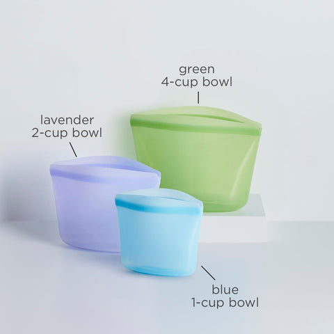 Stasher size comparison of 1, 2, and 4 cup bowls for planning portions