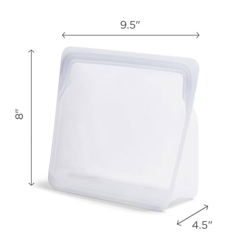 Stacked Stasher Aqua bags in freezer showing space-saving bulk storage advantage