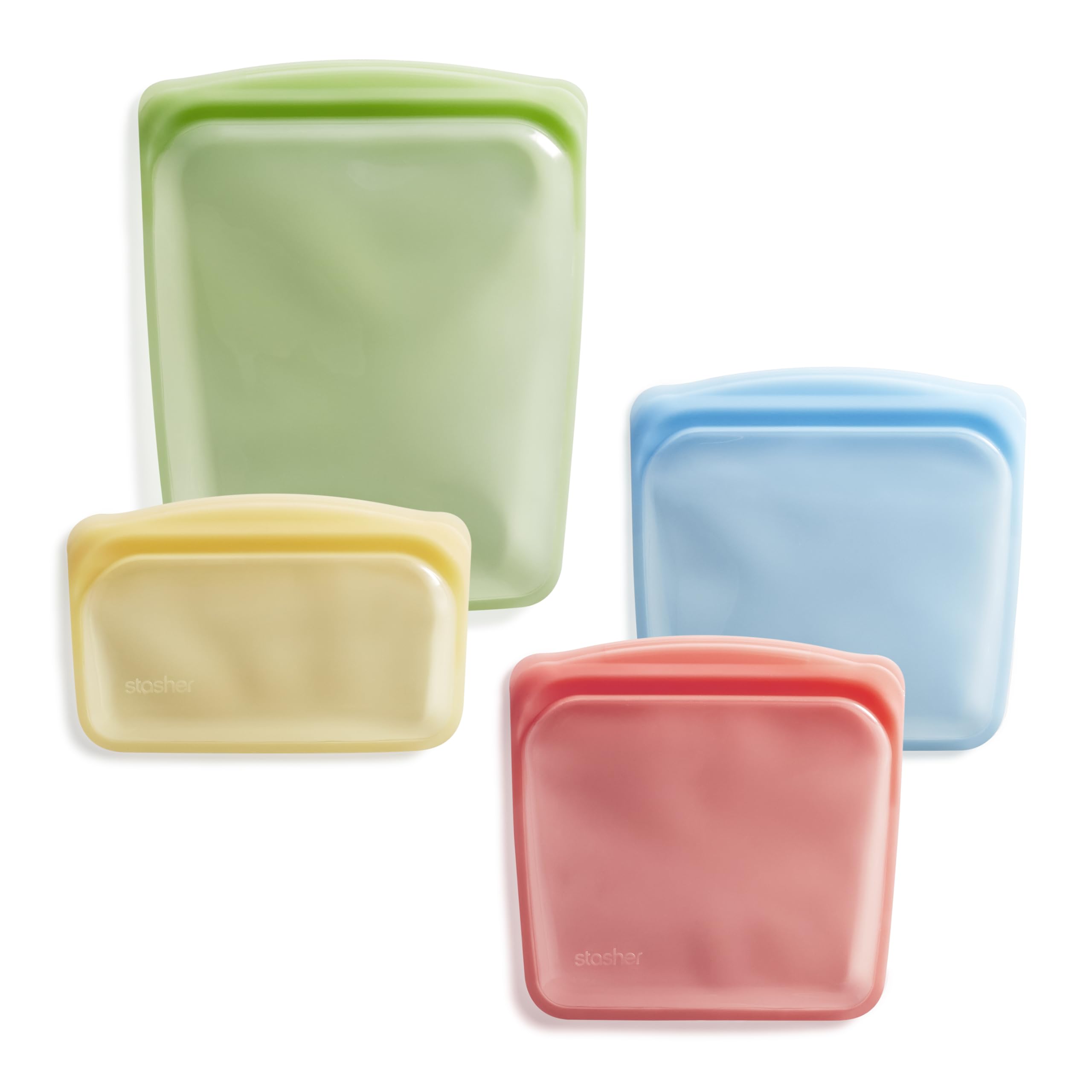 Stasher front view of Artivism 3-pack showing colorful reusable bags and packaging benefit of easy identification