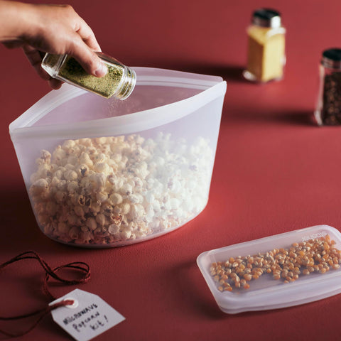 Stasher bowl top view with food inside for easy meal visibility