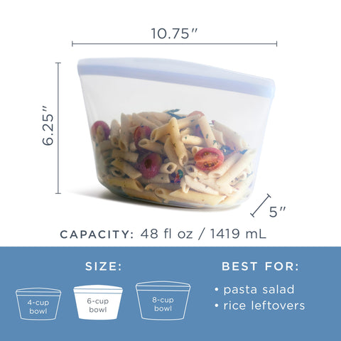 Stasher clear 6-cup bowl on dishwasher rack illustrating easy cleanup benefit