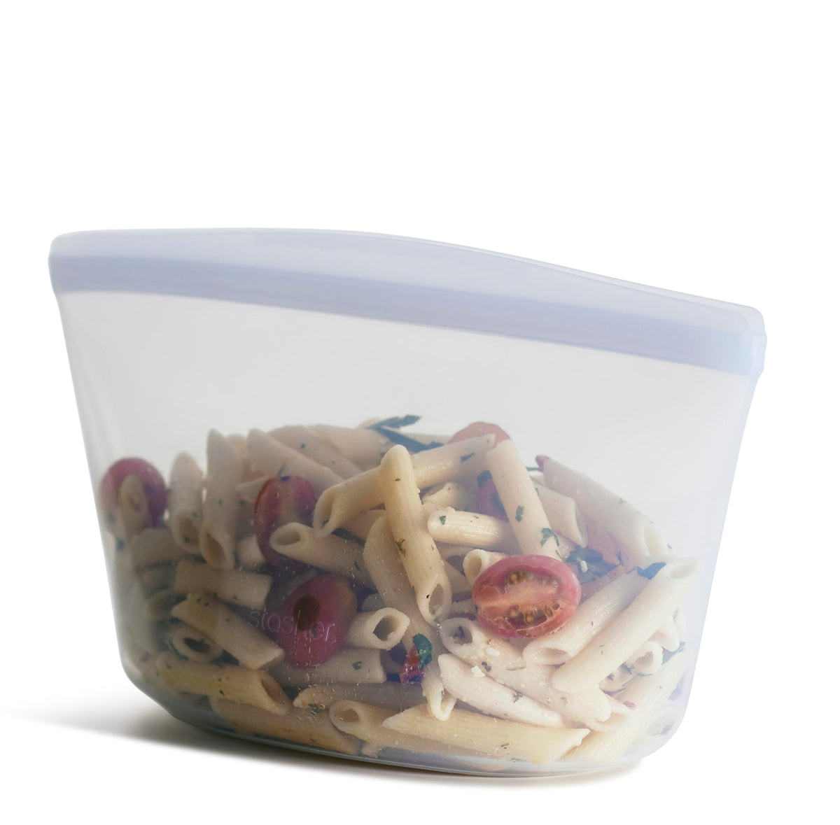 Stasher clear 6-cup bowl front view showing compact reusable design and storage benefit