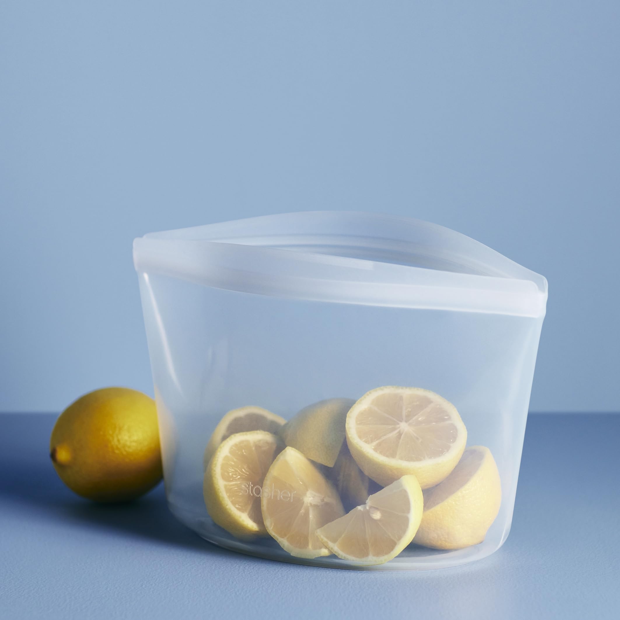 Stasher clear 6-cup bowl pinch-loc seal closeup highlighting leak-resistant benefit