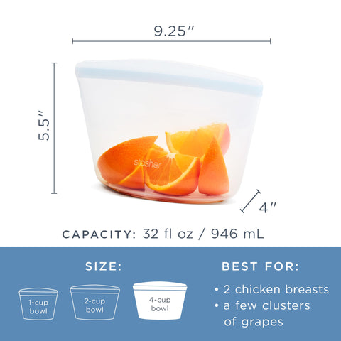 Stasher bowl on dishwasher rack showing easy, safe cleaning