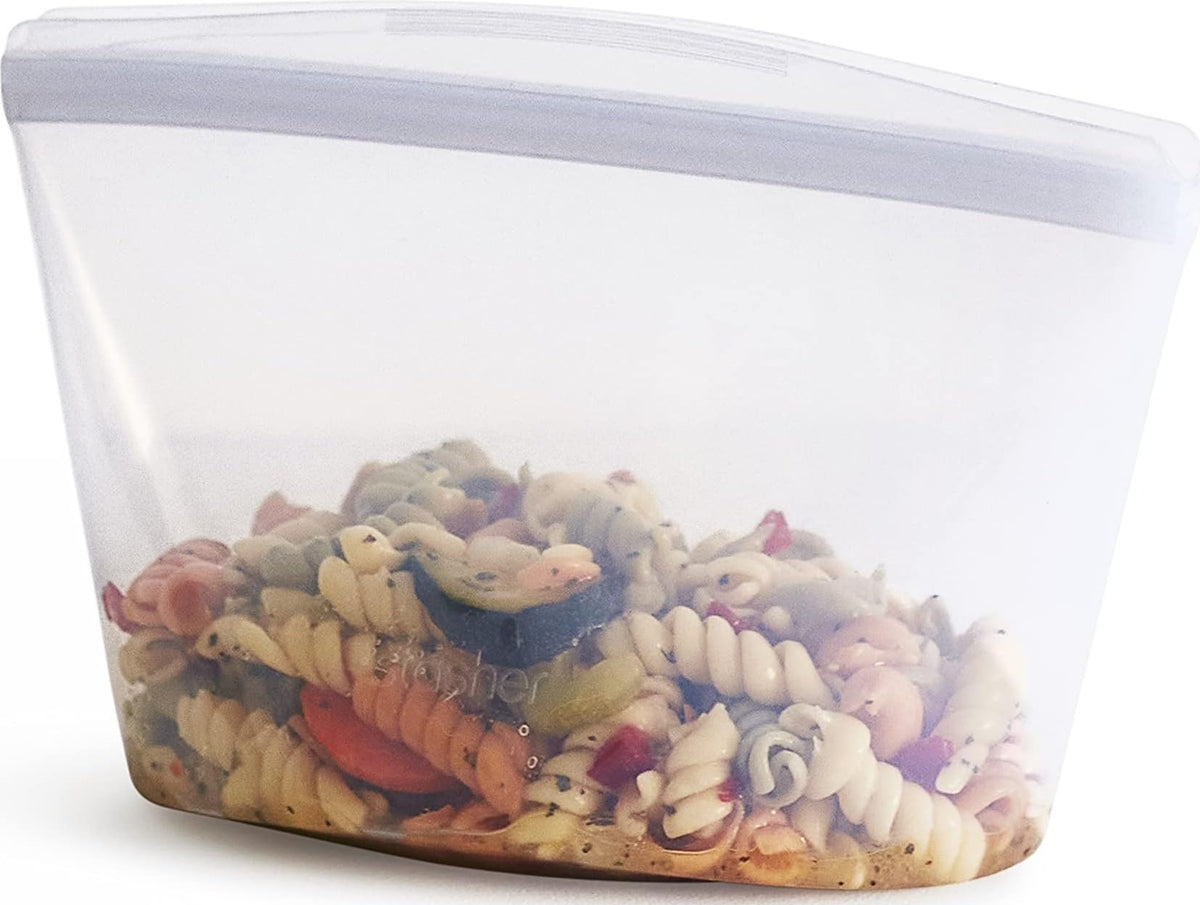Stasher clear bowl front view showing sleek design and visibility benefit