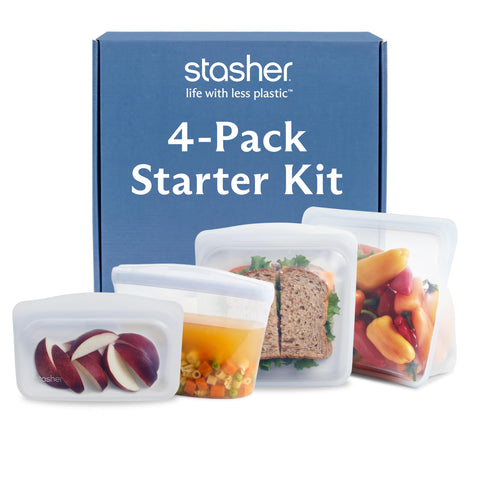 Stasher clear front packaging showing the 4-pack starter kit and convenience
