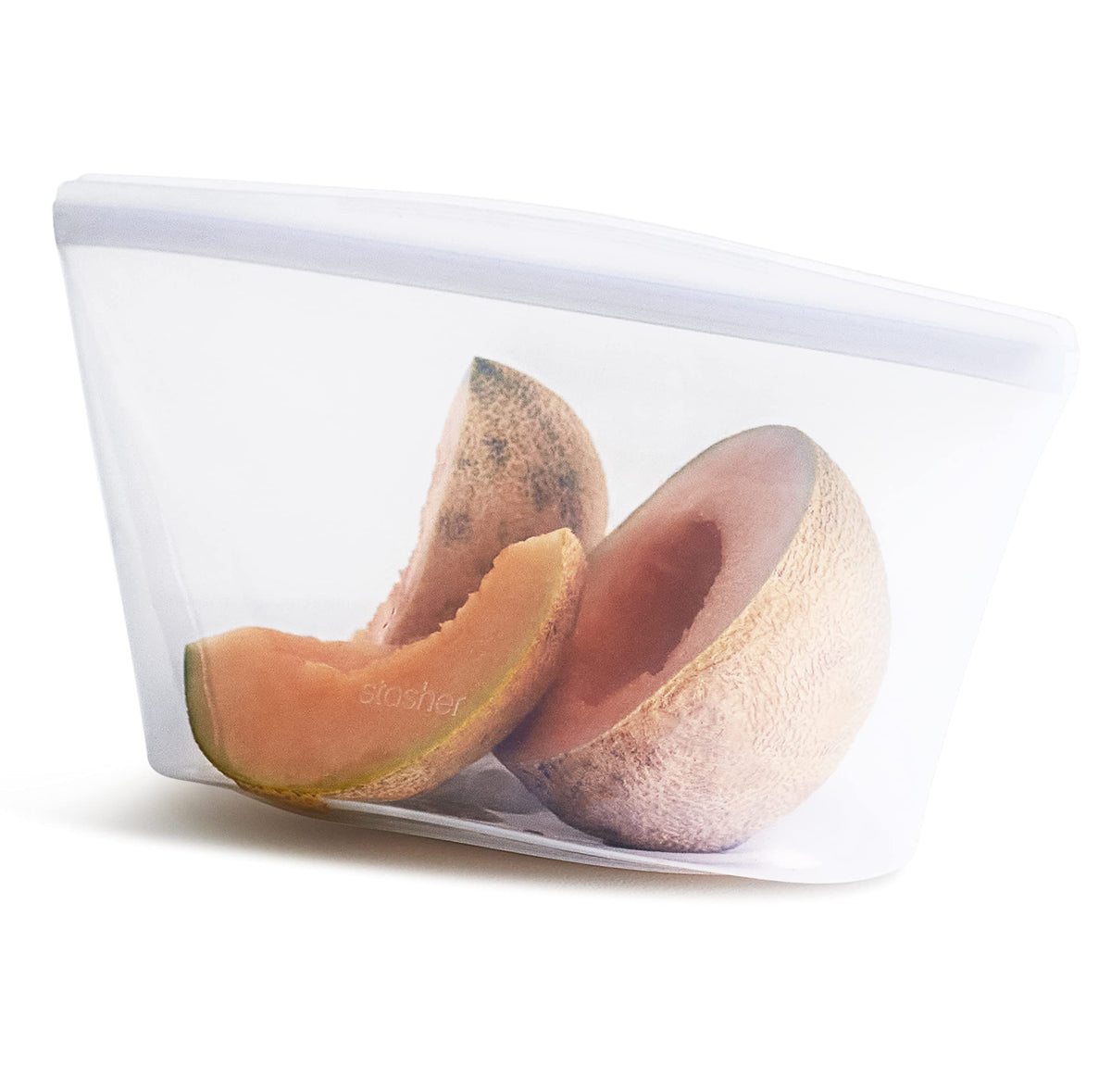 Stasher clear bowl front view showing shape and secure seal benefit
