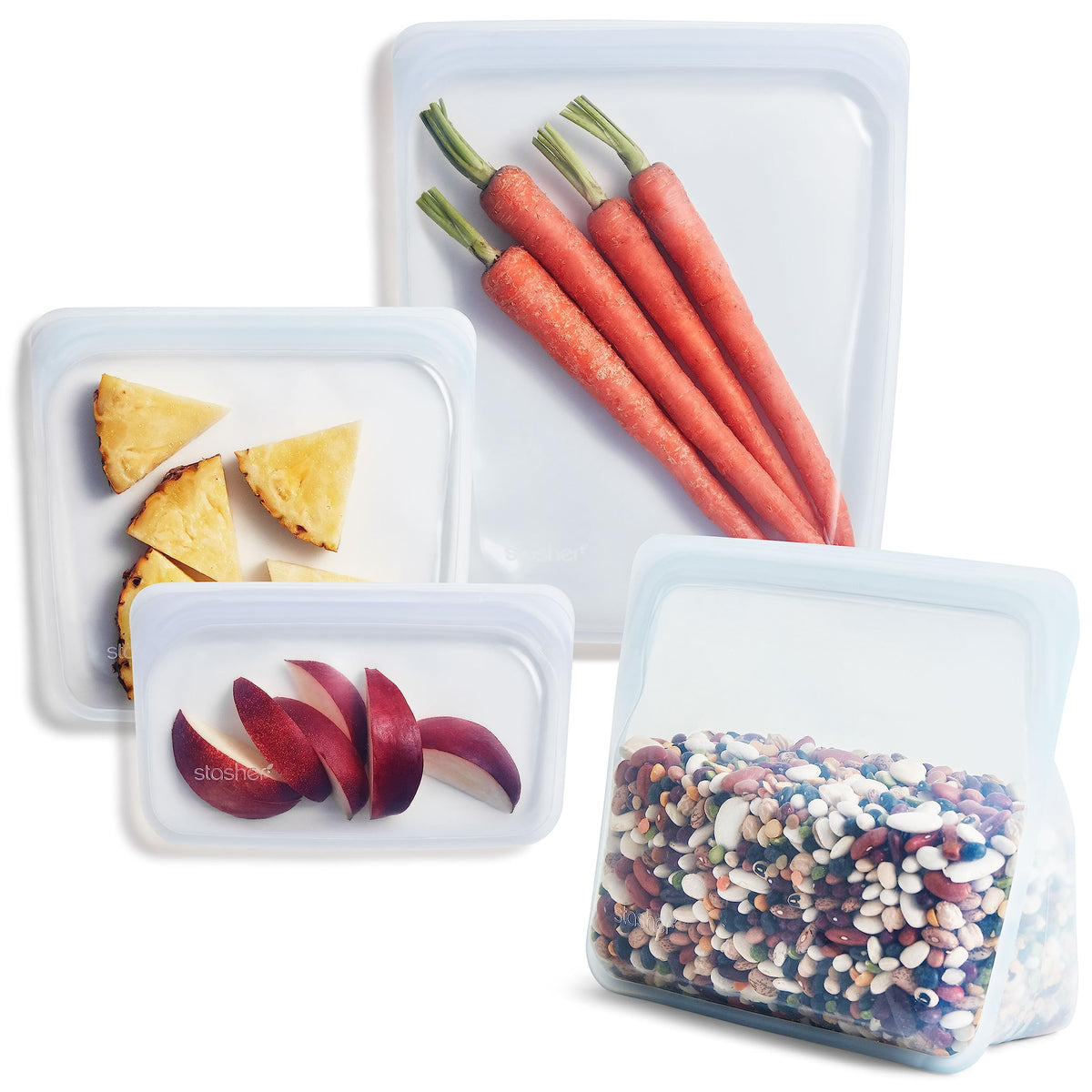 Stasher clear front packaging showing the 4-pack and benefits