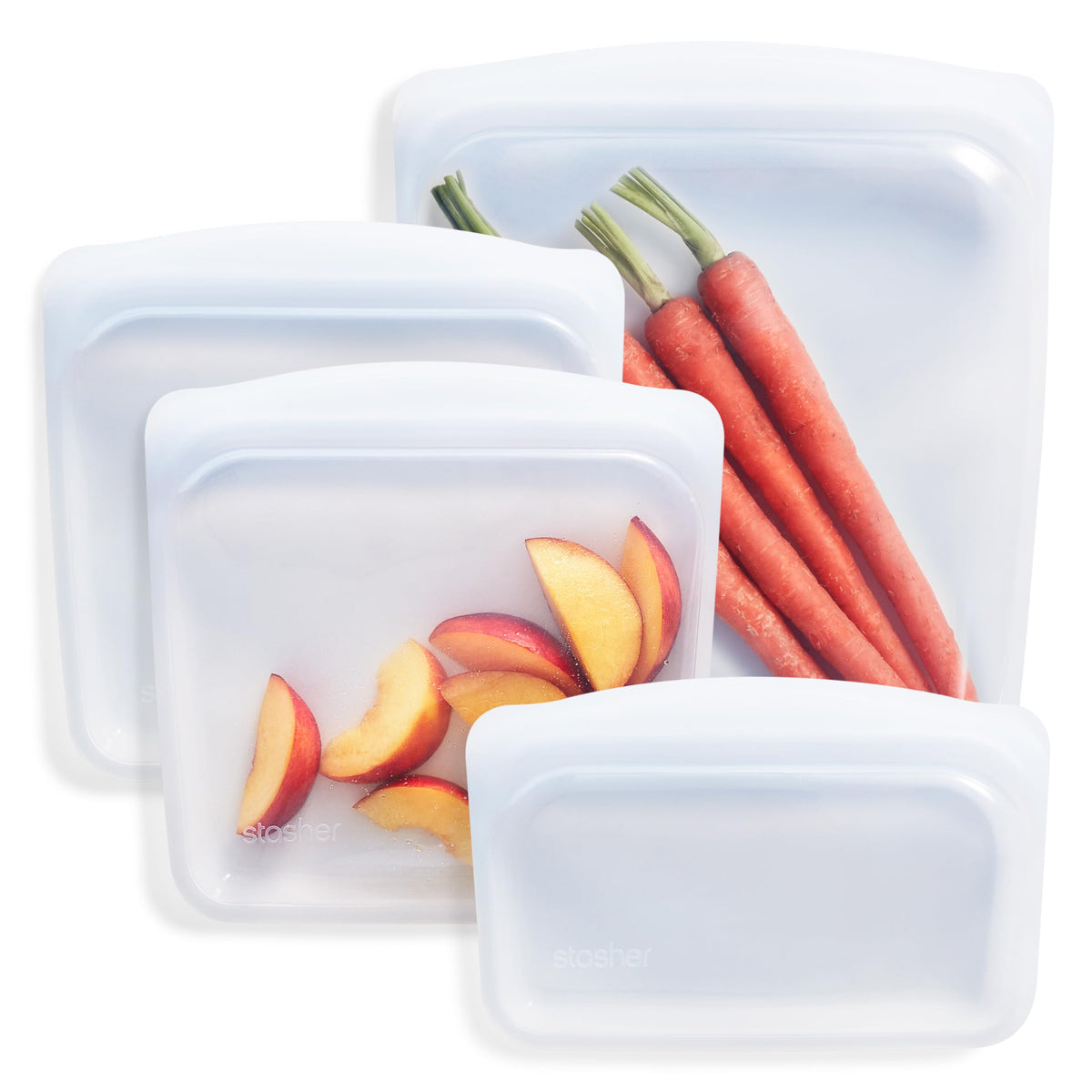 Stasher clear 4-pack front packaging showing bag assortment and benefits