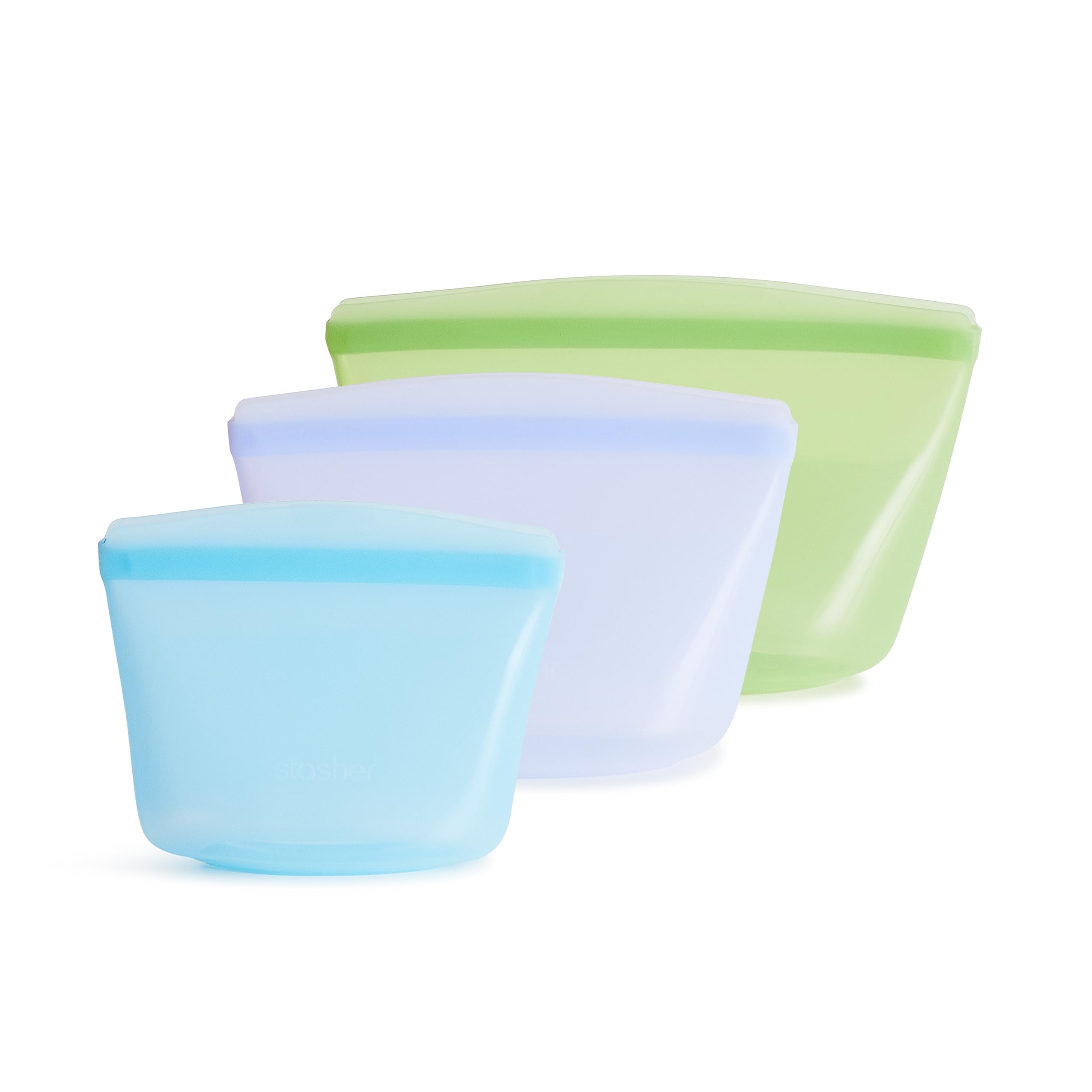 Stasher front view multicolor pack showing three reusable silicone bowls and benefits