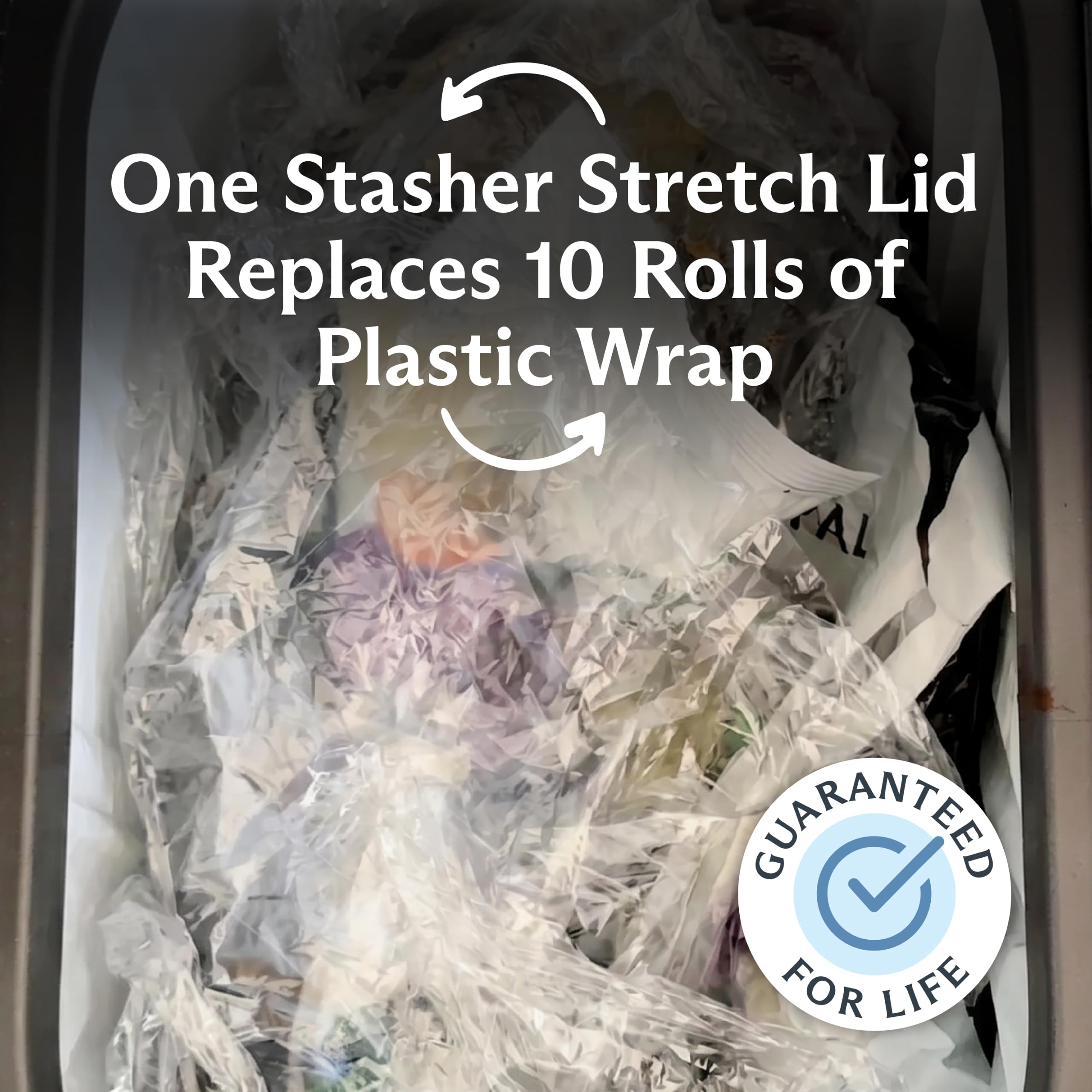 Stasher product packaging and label showing lifetime warranty and eco-friendly benefit