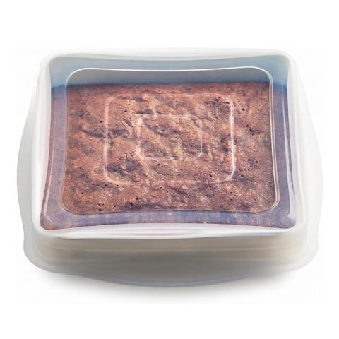 Stasher front view of square stretch lid showing clear seal and visibility benefit