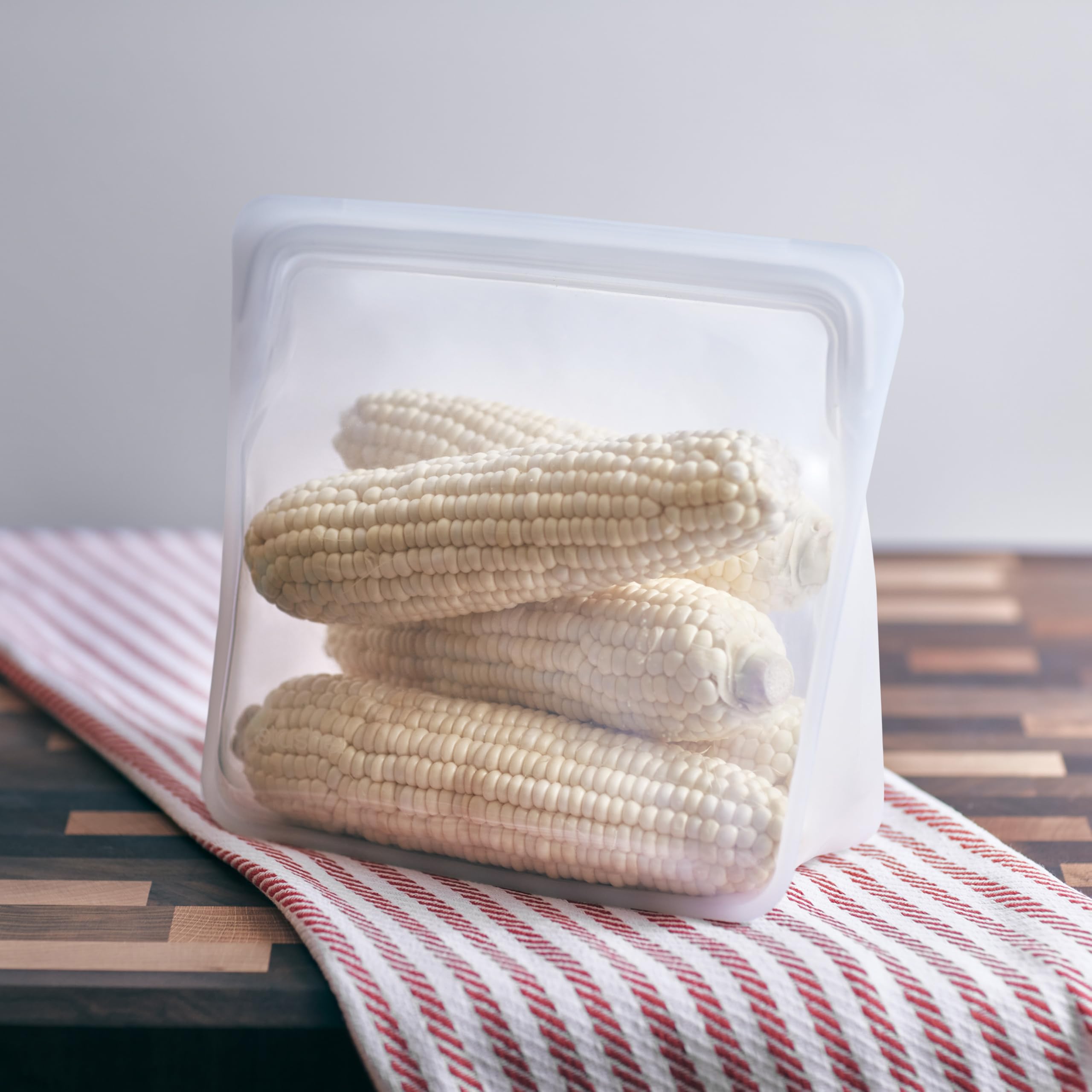 Stasher clear bag revealing contents quickly for fast meal prep