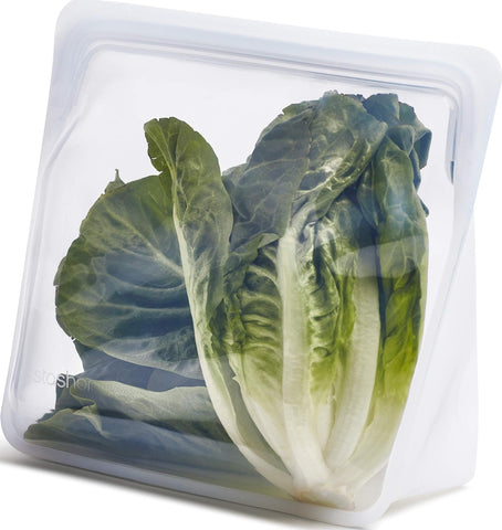 Stasher clear bag front packaging showing large 104 oz capacity benefit
