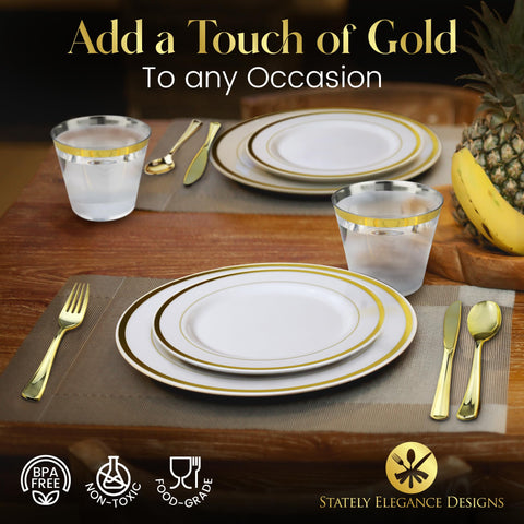 Stately Elegance Designs close-up of dinner plate showing gold trim and sturdy rim for confidence