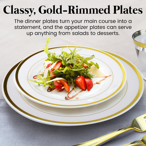 Stately Elegance Designs gold plastic flatware arranged to show fork knife spoon durability and shine