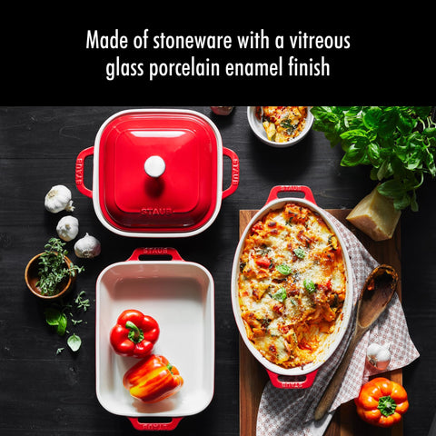 Staub 9-inch oval baking dish holding gratin for even cooking benefit