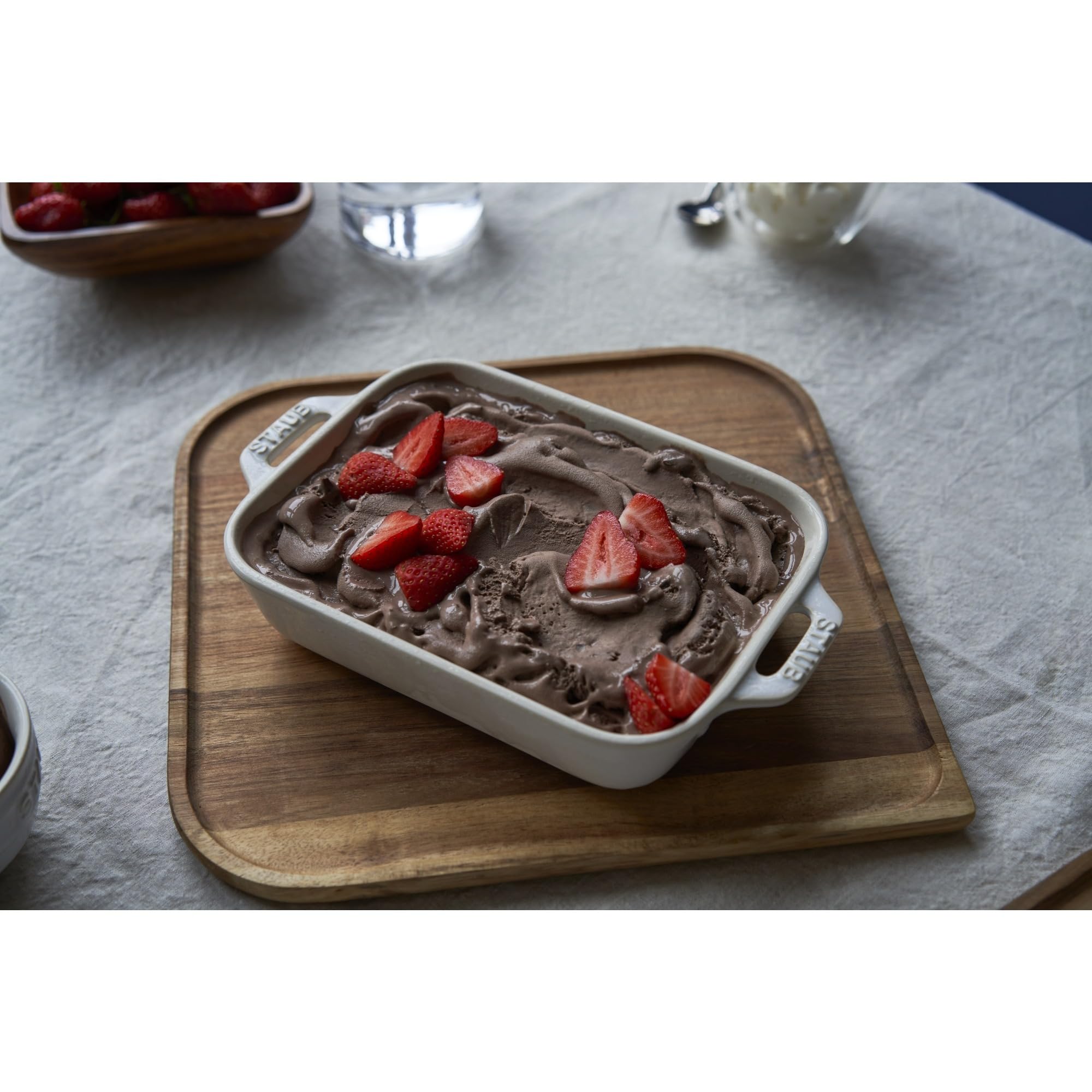 STAUB baking dish with lasagna straight from oven to table, appealing presentation